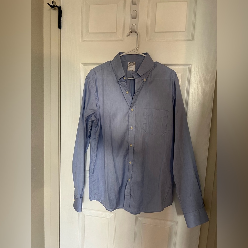 Brooks Brothers Made in USA Striped blue button down dress shirt. Regular fit.